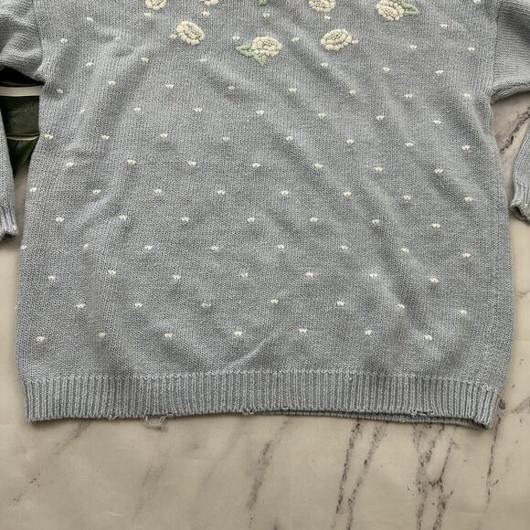 Catalina Womens Vintage 90s Cottagecore Sweater Size L Pastel Blue Beaded Flower - Picture 5 of 12